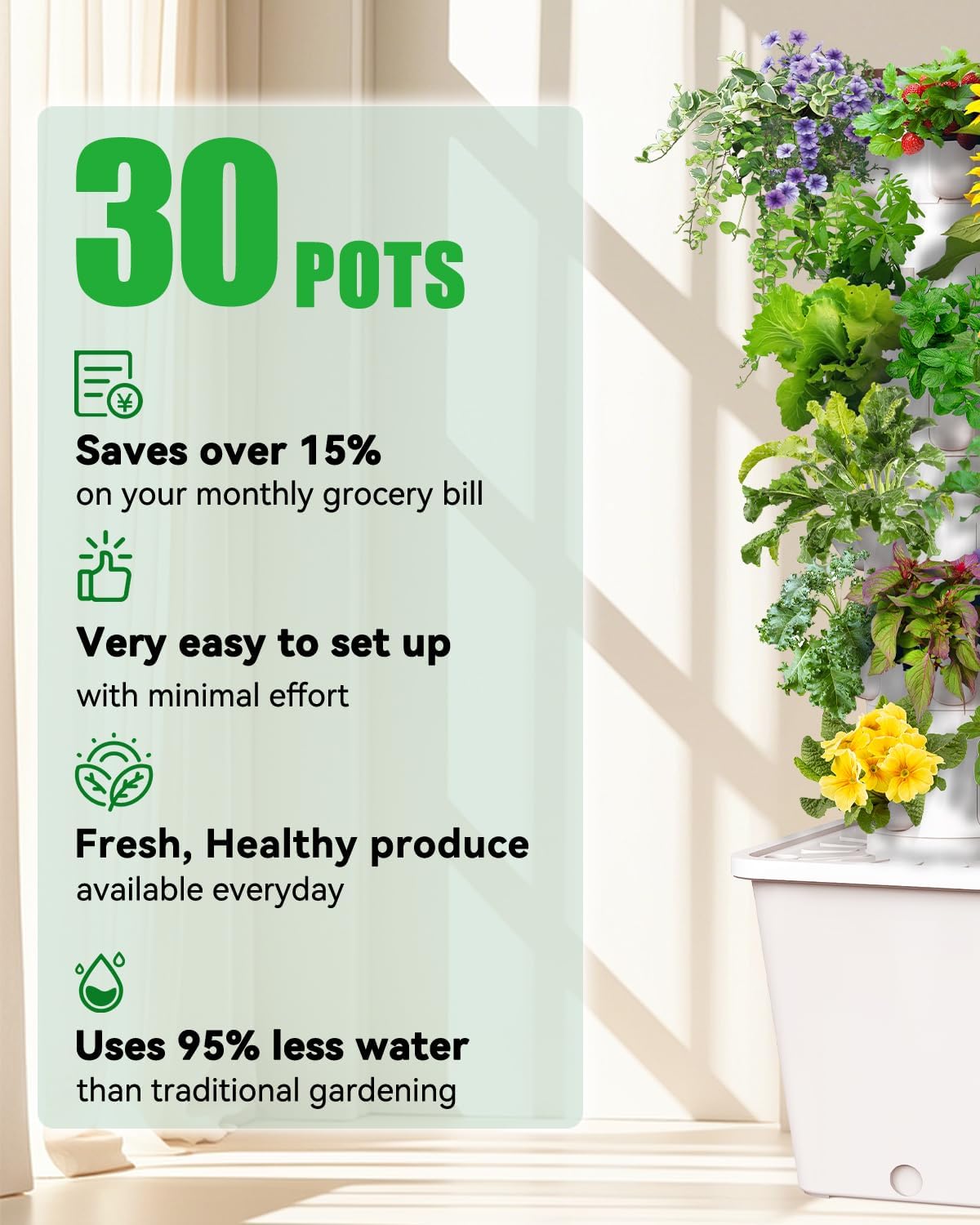 Vertical Hydroponics Growing System Kit, Indoor Outdoor Gardening System Kits, Herb & Fruits Growing Tower, 6 Layer 30 Pods