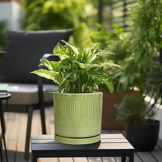 Ceramic Pot for Plants - 10 Inch Indoor Plant Pots with Drainage Holes and Saucer, Boho Round Planter Outdoor, Decorative Large Planter for Flower, Living Room Decor, Garden Gifts, Green