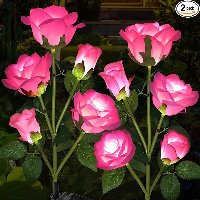 Solar Garden Lights - Realistic 10 Rose Waterproof Solar Powered Flowers for Outside Patio Yard Pathway Decorations, 2 Pack Pink