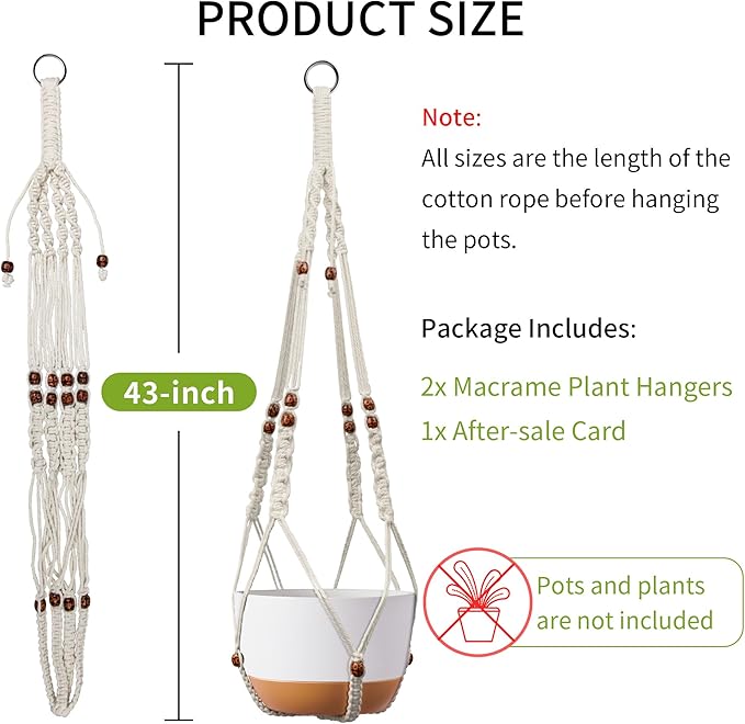 43 Inch Macrame Plant Hanger - Fits 6-15 Inch Pots, Extra Long Hanging Planter Holder for Indoor Outdoor, with Red Wood Beads, Boho Home Decor, 2 Pack, Ivory (POTS NOT Included)
