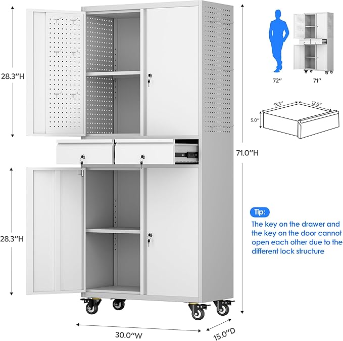 Metal Garage Storage Cabinet with Locking Doors and 2 Adjustable Shelves, Rolling Tool Storage Cabinet with 4 Wheels and 2 Drawer for Garage, Warehouse, White and Gray, Assembly Required