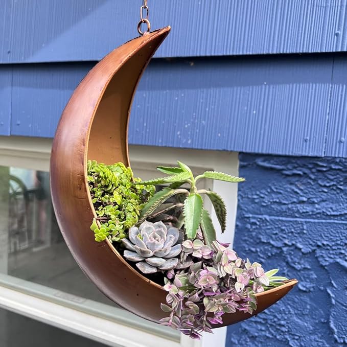 Gold Hanging Moon Planter – with Drain Holes - Moon Room Decor - Unique Planters for Succulents,Air Plant, Cactus, Artificial Plants- Plant Lover Gifts - Boho,Hippie, Birthdays,Witchy Gifts for Women