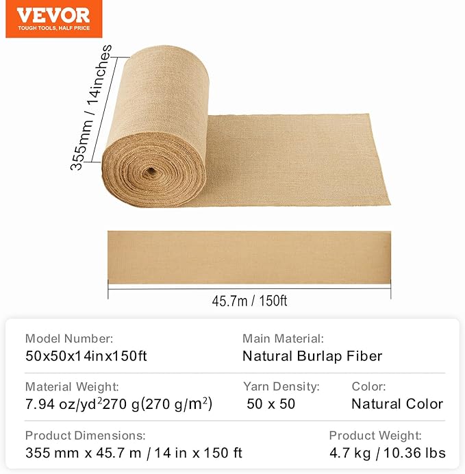 VEVOR Burlap Fabric Roll, 14” x 150 ft High Density Natural Jute Fiber Material for Outdoor Plant Care, Tree Wrap Roll, Decor, DIY Crafts, Wedding, Garden Weed Barrier, Plants & Trees Winter Covering