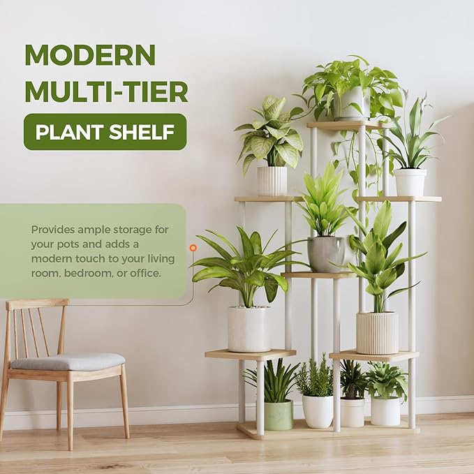 Bamworld 7 Tier Plant Stand Indoor, Large Metal Plant Shelf for Multiple Plants, Tall Tiered Flower Stand for Patio Garden Balcony Living Room Bedroom(White)