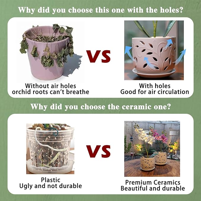 KERUITA Orchid Pots with Holes,6 inch + 5 inch Ceramic Planters Set of 2 with 2 Bottom Tray, Enhanced Drainage and Ventilation,White Flower Pots for Indoor/Outdoor Plants for Repotting