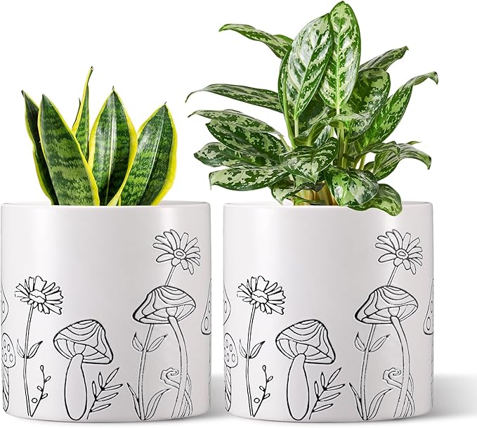 Mushroom Ceramic Plant Pot Set of 2, 5 Inch Modern Stylish White Round Flower Pots with Drainage Holes, Planter Decor for Indoor-Outdoor Plants Spider Plant, Pothos, Gift for Woman and Friends