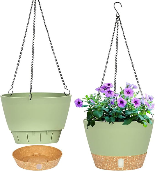 QCQHDU 2 Pack 8 inch Hanging Planters for Indoor Plants, Outdoor Hanging Baskets, Self Watering Pots with Drainage Holes & Removable Tray (Green, 8 inch)