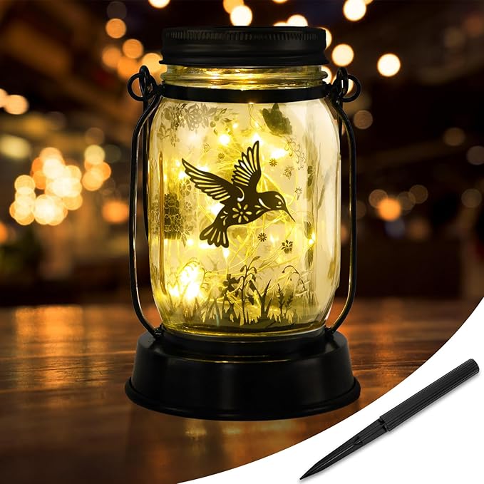 Kyoryuger Solar Hummingbird Lantern Outdoor Garden Decor, Gifts for Women Mom Gradma Birthday Gifts, Hanging Solar Light Lawn Ornaments Home Decoration Outside for Yard, Patio,Backyard,Porch, Pathway