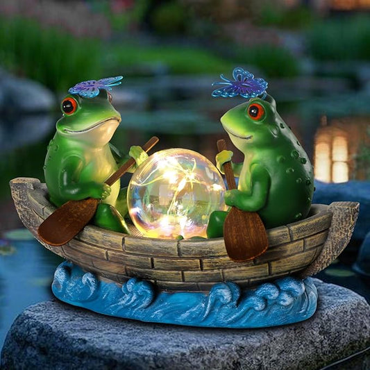 Solar Frog Boating Garden Statue with Ball Light 5.1" Resin Frogs Decor for Home Front Door Patio Porch Balcony Women Gardeners Moms Wives Girlfriends