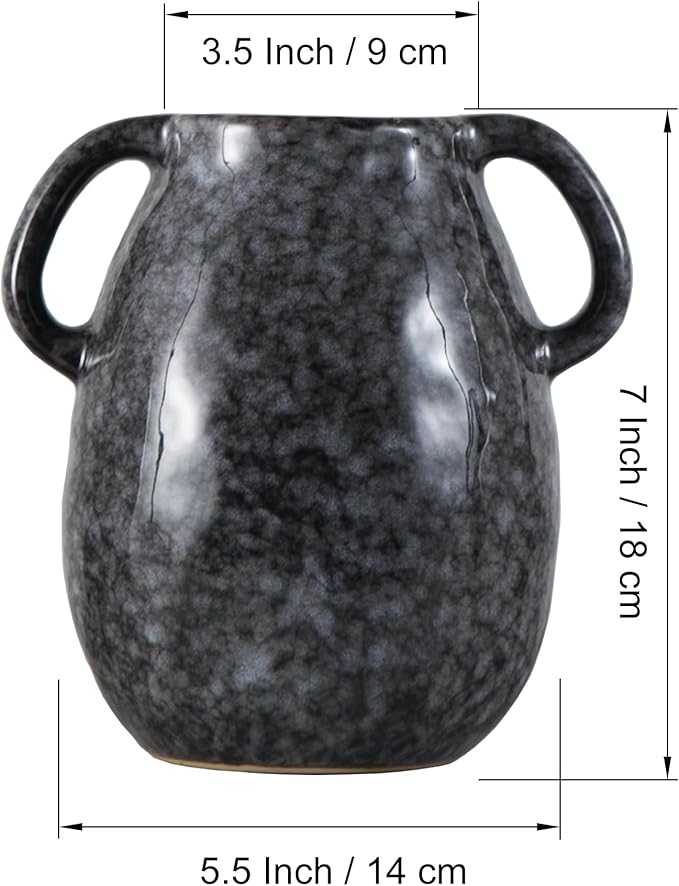 Black Ceramic Vase with 2 Handles, Modern Farmhouse Decor, Rustic Terracotta Pottery, Decorative Flower Vases, Clay Small Vase, Centerpiece for Dining Table - 7 Inch Tall