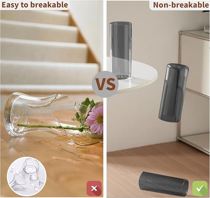 Flower Vase, Non-breakable Vases, 4" W x 16" H, Acrylic Grey Vase, Aesthetic Room Decor Cylindrical Modern Flower Vases for Table Centerpiece, Home Decor, Women Floral Arrangement Gift