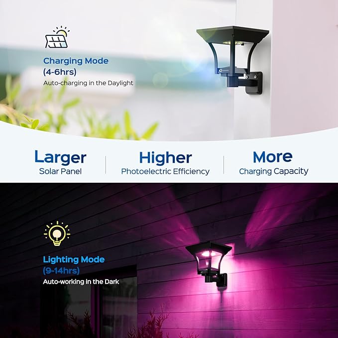 CINOTON RGBW Solar Landscape Pathway Outdoor Lights with 3 Lighting Modes, IP65 Waterproof LED Solar Powered Wall Lights for Garden Yard Lawn Path Driveway Pool Backyard Warm White & Multicolor 4 Pack