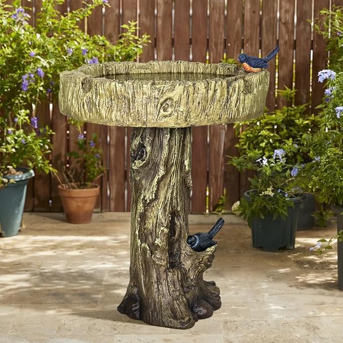 SKYFIRE 24.4” H Fibre Reinforced Concrete Outdoor Garden Bird Bath with Birds, Woodland Tree Trunk Decoration Yard Statue，Pedestal Birdbaths for Outdoors, Garden, Patio, Lawn, Backyard