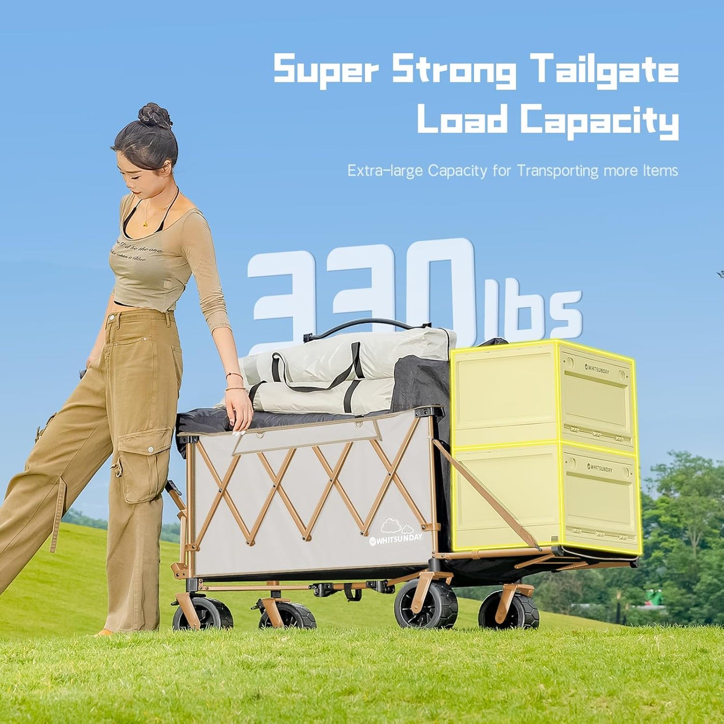 Whitsunday Collapsible Folding Wagon with Table, Heavy Duty Utility Beach Wagons with Opened Tailgate and All-Terrain Wheels for Camping,Garden,Sports (Max Beige)