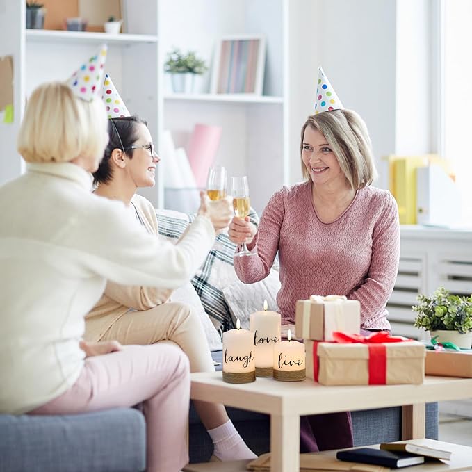 Battery Operated Flameless Flickering Candles with Remote Timer, LED Real Wax Pillar Candlesticks with Realistic 3D Wick, Set of 3 Live Laugh Love Home Decor(D3xH4 5" 6")