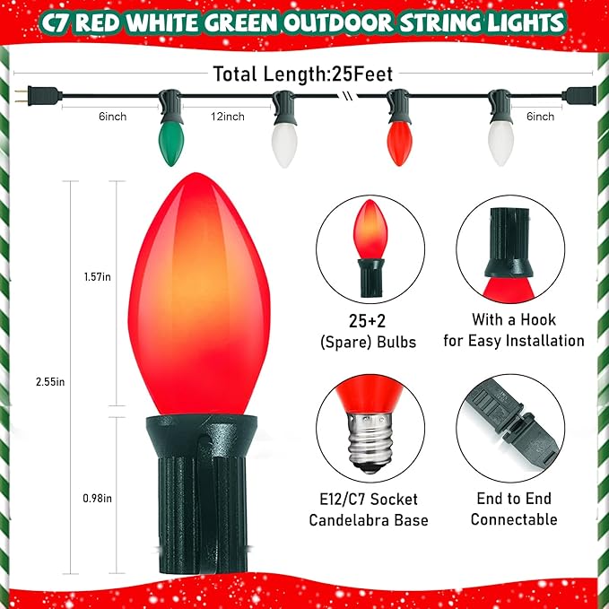 C7 Christmas String Lights, 25Ft Outdoor Decorations With 27 LED Red White and Green Shatterproof Bulbs, Hanging Patio Lights for Tree Backyard Holiday Party Decor