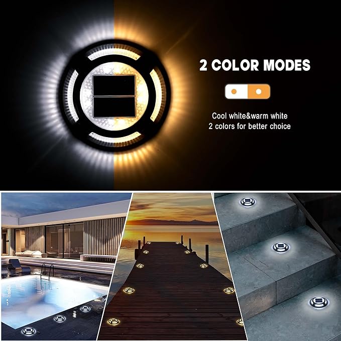 Solar Driveway Lights Outdoor - Solar Deck Lamp 2PCS Driveways Dock Lights IP68 Waterproof Outdoor Warning Step lamp for Sidewalk Garden(Cool White/Warm White) (2)