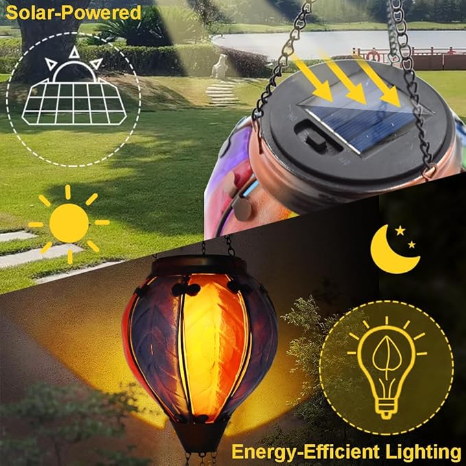 2PC Hot Air Balloon Solar Lantern with 2PC Shepherd Hook, Flickering Flame Hanging Solar Lanterns Outdoor Lights Waterproof Lanterns Decorative Garden Patio Yard Party Decor Colorful