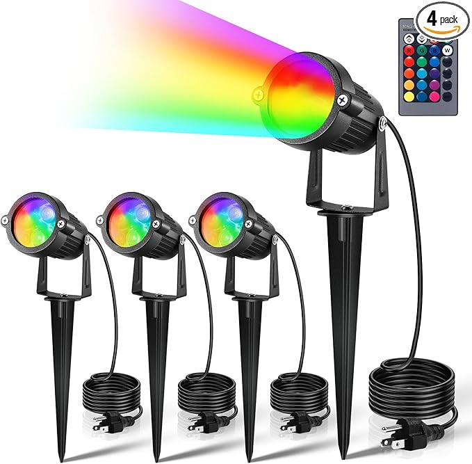 LemonBest Landscape Lighting - 6W RGB Color Changing Halloween Landscape Lights 120V Christmas Outdoor LED Spotlight with Remote Control Waterproof Spot Lights for Yard Garden Patio Driveway (4 Pack)