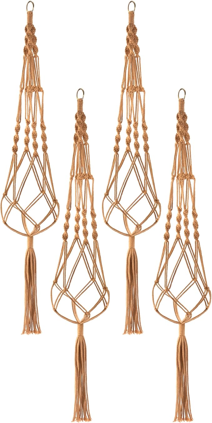 Sorbus Macrame Plant Hanger (4 Pack) Indoor Outdoor Hanging Plant Pots Cotton Rope, Elegant for Home, Patio, Garden (Brown)