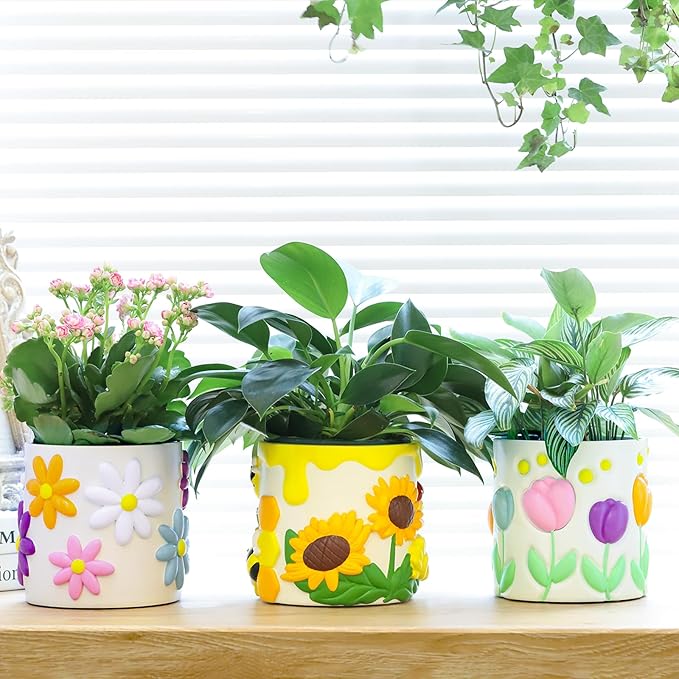 GUGUGO Colorful Bees and Sunflowers Plant Pots, Cute Unique Succulent Planters with Drainage, Rainbow Small Mushrooms Flower Planters Pots for Indoor Plants, Funny Eclectic Home Decor