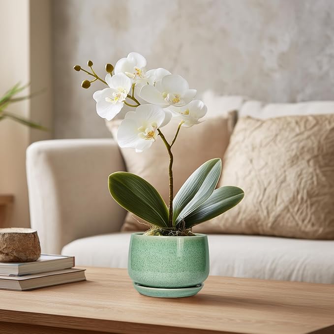 G EPGardening Ceramic Plant Pot - 4 inch Plant Pots with Drainage Hole & Saucer, Small Pots for Plant Indoor Outdoor, Modern Round Planter, Decorative Flower Pot, Room Decor, House Warming Gift, Green