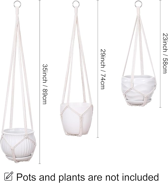 YIBOT 3 Pack Macrame Plant Hanger Indoor Hanging Planter Basket with 3 Hooks, 35"/29"/23" Crochet Plant Holder Stand No Tassels for Indoor Outdoor Boho Home Decor, Ivory (POTS NOT Included)
