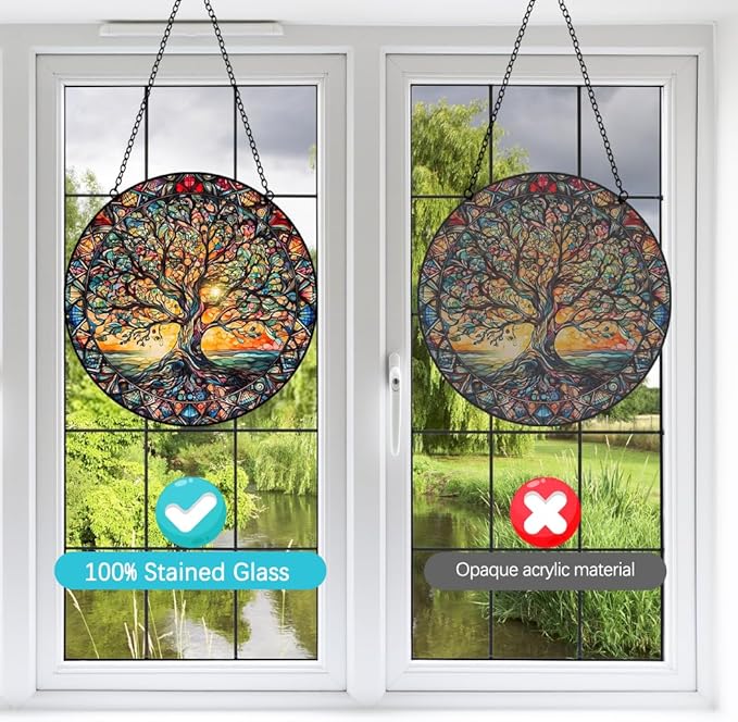 Tree of Life Suncatcher Stained Glass Window Hanging - 8″ Handmade Sun Catchers Indoor Window Valentines Day Decorations with Hooks and Chain - Wall Art Home Decor Panel Gifts for Women Men Mom Dad
