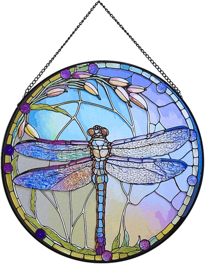 Dragonfly Stained Glass Suncatcher Artistic Window Hanging,7.8” Hand-Painted Glass Panel Wall Home Decor,Gift for Women Garden Decor Suncatcher (Dragonfly), BL009