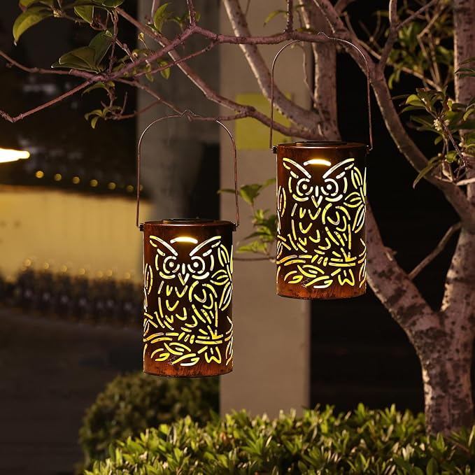 Outdoor Solar Lanterns ,Owls Projection Patterned Outdoor Lanterns with Handles LED Solar Light Outdoor Waterproof Garden Lights for Garden，Yard, Table, Pathway(2 /Bronze)