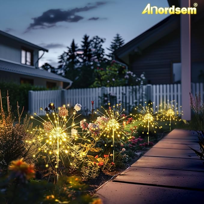 Anordsem Solar Garden Lights Outdoor Waterproof: Fireworks String Light Remote Control for Yard Decorative - LED Sparkler Lamp 4 Pack with 8 Lighting Modes for Patio Pathway Proch House Decor