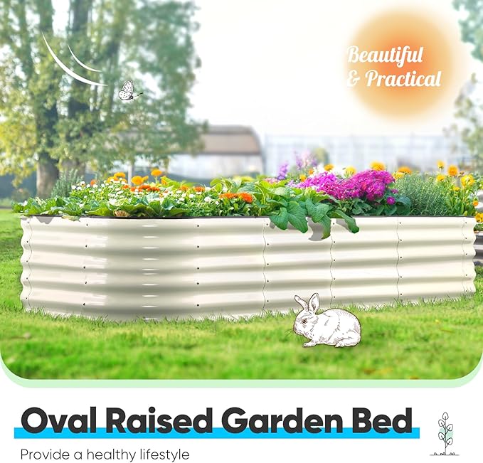 Quictent Galvanized Raised Garden Bed Kit Tall, 6x3x1.5 ft Oval Large Planting Box Rubber Strip Edging, for Vegetables Outdoor Strengthened by Crossbar (Beige)