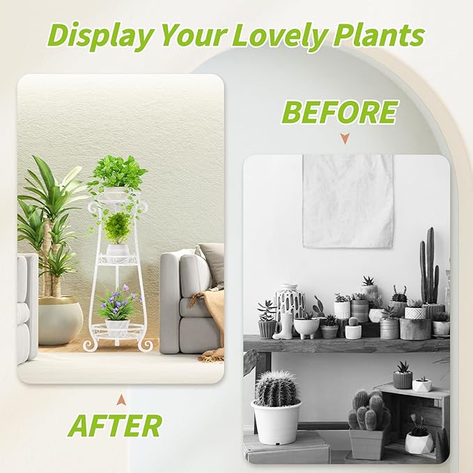 KMOTASUO 3 Tier Metal Plant Stand Indoor, 34 Inch Tall Corner Plant Stands for Indoor Plants, Flower Pot Holder Shelf Display Rack for Balcony Garden Patio Living Room(White)