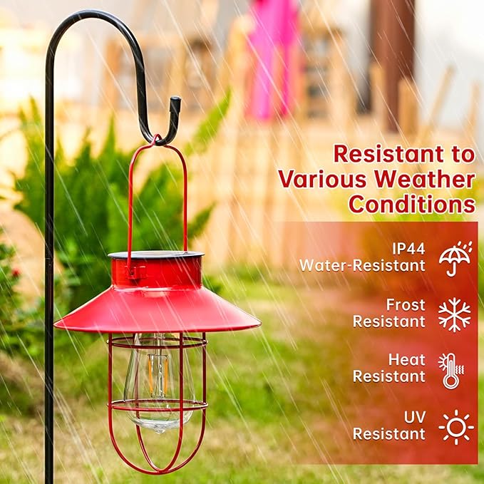 Solar Lights Lantern Lamp with Shepherd Hook, Solar Metal Lanterns, Outdoor Lights Decor,Edison Bulb Lights for Garden ,Outside Decor for Pathways,Patio, Lawn, or Landscaping(Red)