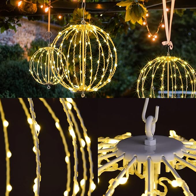 Christmas Ball Light Sphere, 20IN 200LED Hanging Tree Light and Pathway Lights with Hook and Stake, Foldable Metal Frame Light Ball for Outdoor Garden, UL Listed, Brown Frame, Warm White