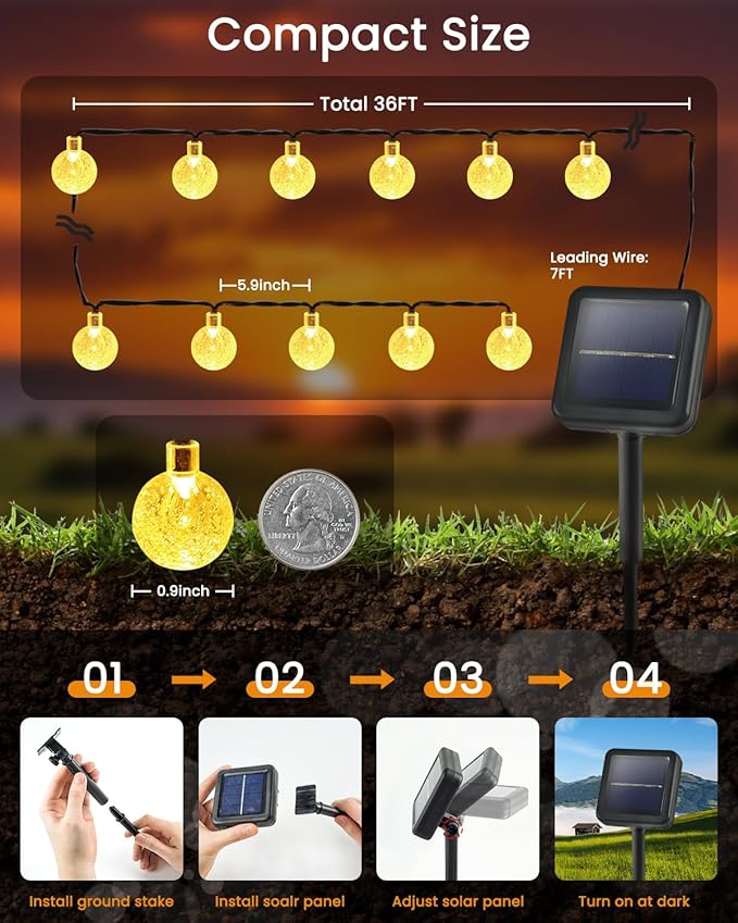 LORRYTE 2-Pack 64FT 100 LED Crystal Globe Solar String Lights Outdoor, Waterproof Solar Lights for Outside, 8 Lighting Modes Patio Decor for Garden Yard Porch Wedding Party(Warm White)