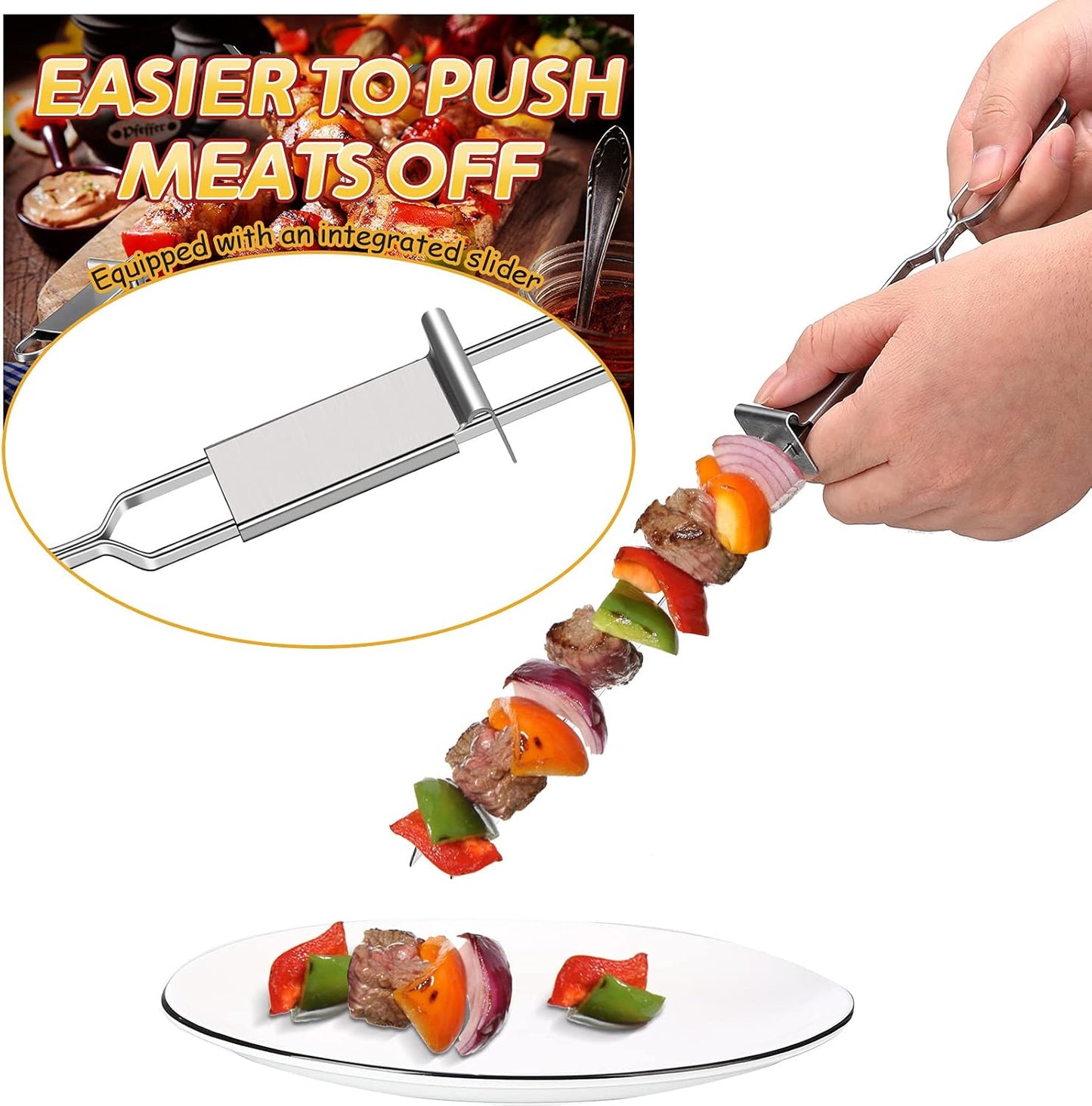 Lallisa Kabob Skewers - Metal BBQ Skewer Sticks with Push Bar for Meat, Chicken, Vegetable & Fruit (12 Pieces)