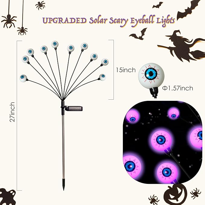 Solar Halloween Lights - 2 Pack 20LED Outdoor Waterproof Scary Eyeball Swaying Firefly Lights for Yard Garden Patio Party Decor Purple