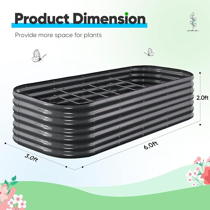 Quictent Galvanized Raised Garden Bed Kit, 6x3x2 ft Oval Metal Planter Box Tall for Vegetables Outdoor Backyard, Rubber Strip Edging Included, Dark Gray
