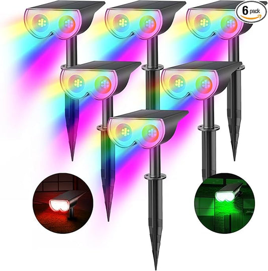Consciot Solar Spot Lights Outdoor, Halloween Decorations 16 LEDs IP67 Waterproof Color Changing Solar Outdoor Lights, 8 Colors, 2-in-1 Adjustable Wall Lights for Garden Yard Pathway, 6 Pack(RGB)