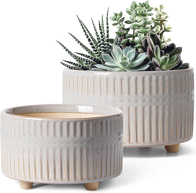 LE TAUCI Succulent Pots, 6.5+8 Inch Ceramic Indoor Plant Pot with Drainage Hole, Modern Round Decorative Flower Pot, Set of 2, Reactive Glaze Star White