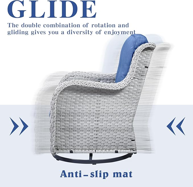 4 Pieces Patio Furniture Sets, Wicker Patio Swivel Glider Chair with Ottomans, Outdoor Furniture Set for Outside Porch Deck Balcony, Light Grey