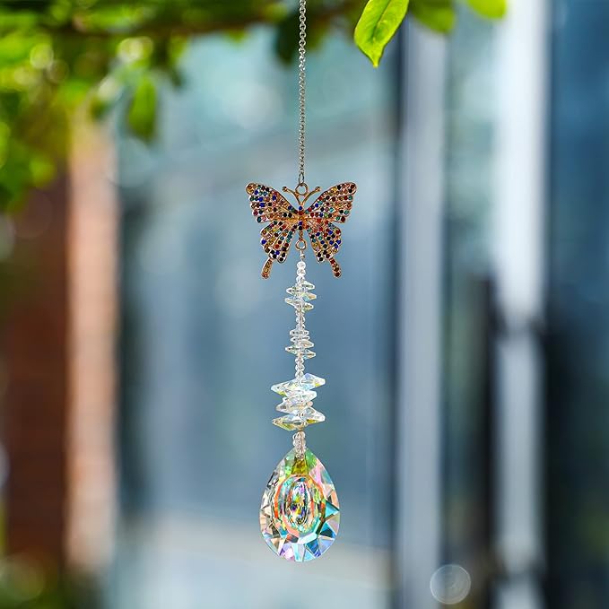 Suncatcher with Crystals,Colorful Crystal Butterfly Rhinestones Suncatcher Window Hanging,Crystal Prism Hanging Ornament,Rainbow Maker Decoration for Home, Garden, Wedding, Party & Christmas