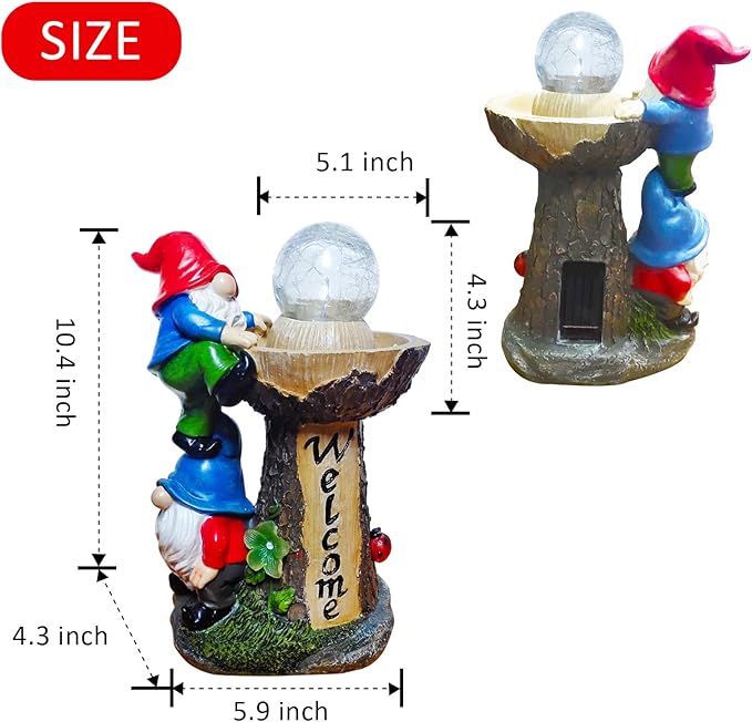 Garden Gnome Statues, Garden Statues for Outside with Solar LED Lights, 10.4 in Funny Double Gnomes Sculptures Outdoor Decorations for Yard, Ideal Gnomes Gifts for Women/Mom/Grandm