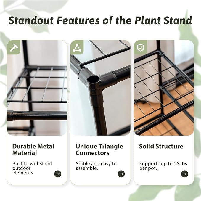 Plant Stand Outdoor Tall Plant Shelf Indoor Metal Large Hanging Plant Cabinet Waterproof Plant Rack Flower Holder for Living Room Patio Balcony Garden Black