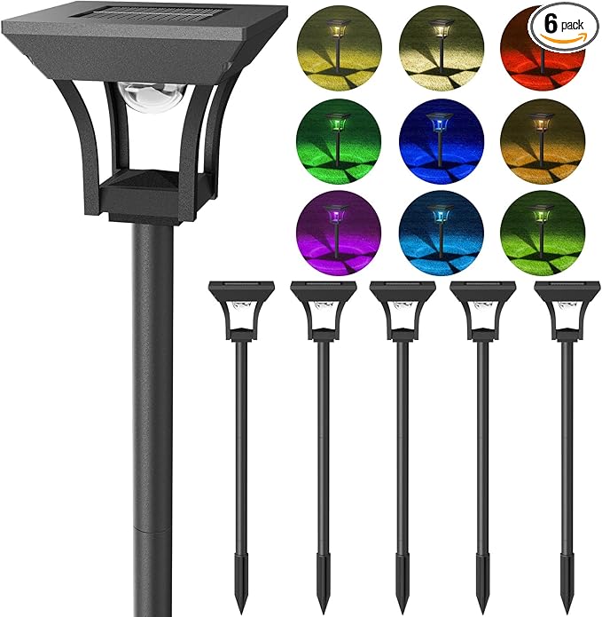CINOTON 6 Pack RGBCW Solar Pathway Outdoor Lights, 3 Lighting Modes Solar LED Garden Light, IP65 Waterproof Outside Solar Powered Landscape Lighting for Patio Walkway Yard Driveway RGB/Warm/Cold White