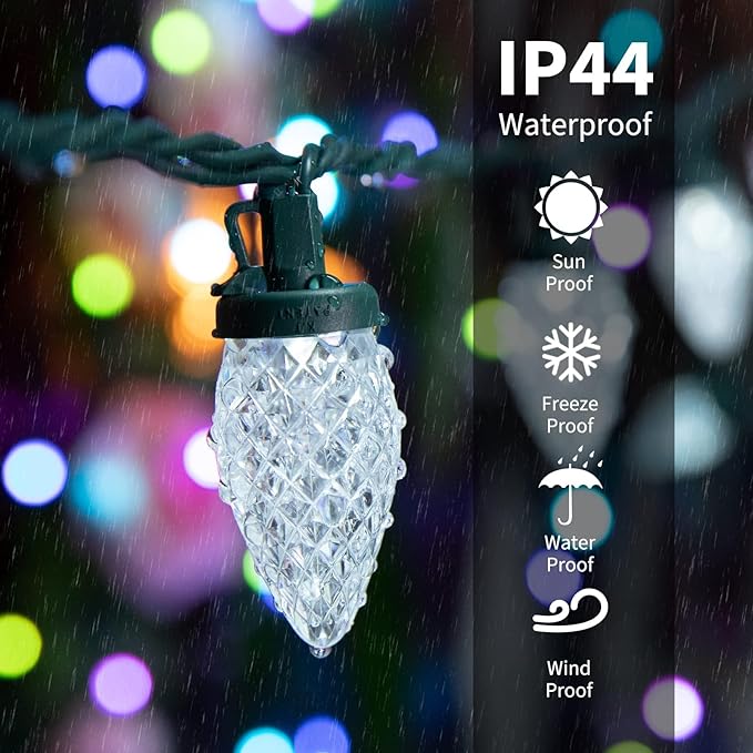 C9 Christmas String Lights White, 66ft 100 LED Faceted Christmas Lights on Green Wire, Large Bulb Strawberry String Lights for House Roof Roofline Christmas Tree Party Outdoor