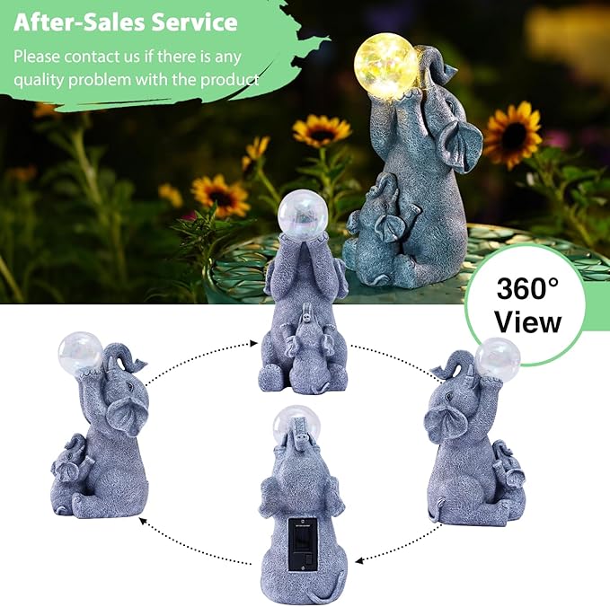 Goodeco Solar Elephant Statue - Outdoor Decor with LED Lights - Grey Resin - Ideal Gift for Elephant Lovers & Garden Enthusiasts