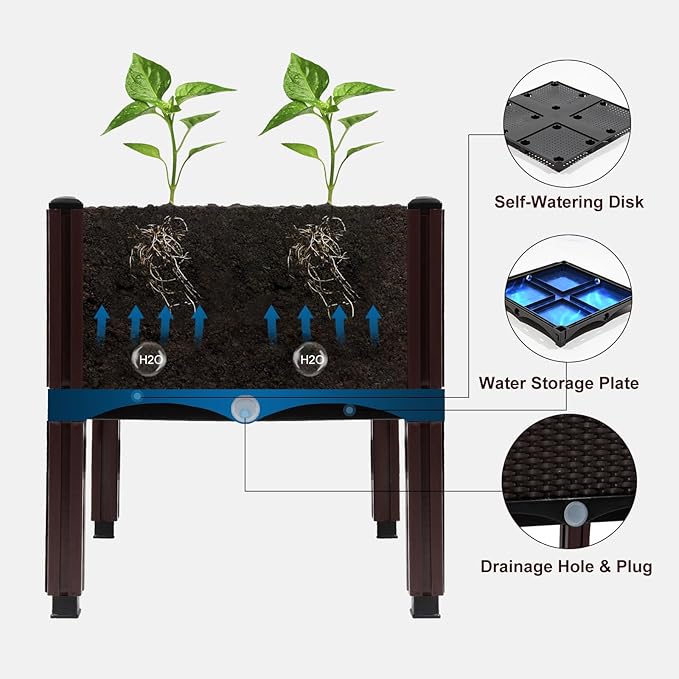MAYOLIAH Raised Garden Bed with Drainage Elevated Planter Box Plastic Raised Beds for Gardening Vegetables Herb Flowers, Perfect for Indoor Outdoor Planting, 3 Boxes Brown
