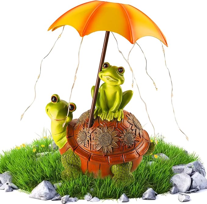 Solar Garden Outdoor Statues Turtle Frog Outdoor Figurine Lights with Umbrellas Fairy Garden Accessories Tortoise Statue Lawn Decor for Patio, Balcony, Yard Ornament Art Housewarming Gifts